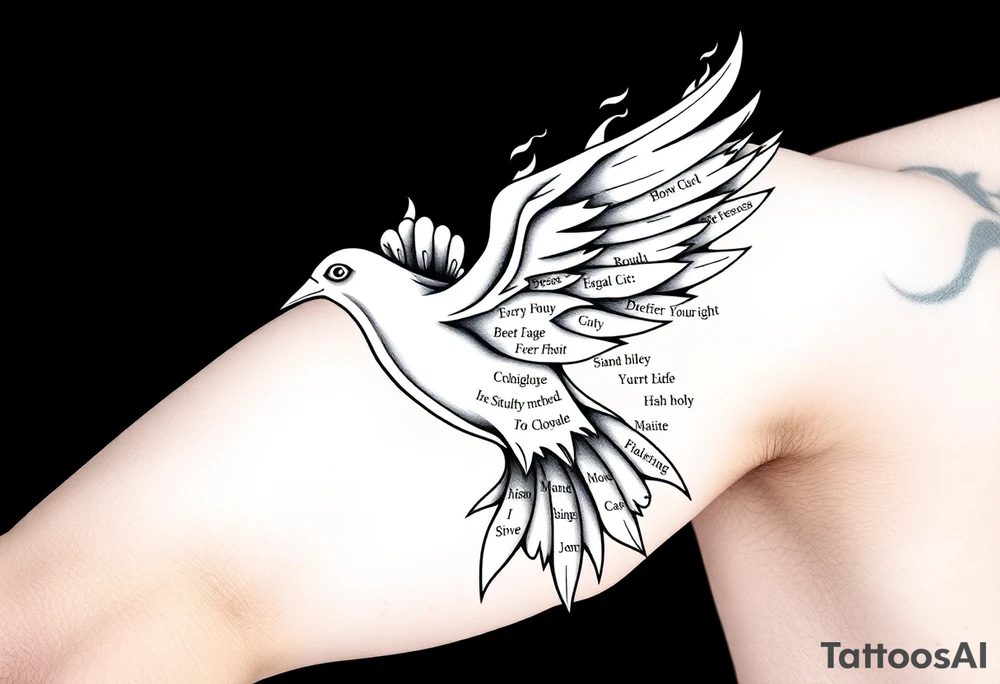 White dove of fire with the names of God and the Characteristics of the Holy Spirit in English tattoo idea