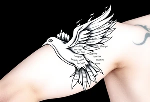 White dove of fire with the names of God and the Characteristics of the Holy Spirit in English tattoo idea