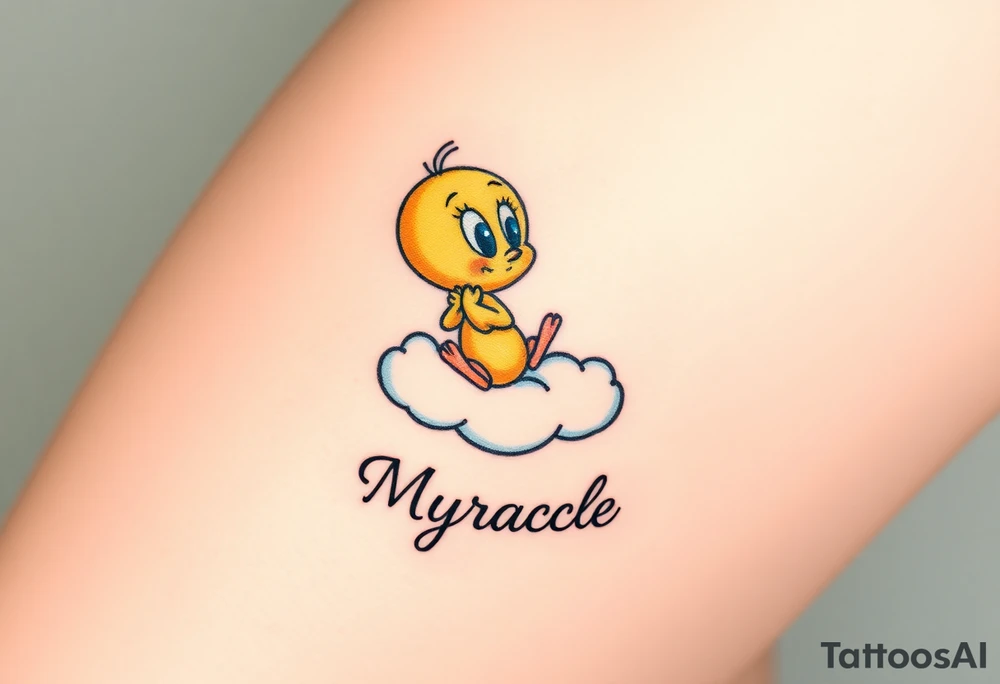 Baby Tweety Bird on a cloud with his head in his hands looking up. Under the cloud in small capital letters is the name Myracle Blessing tattoo idea