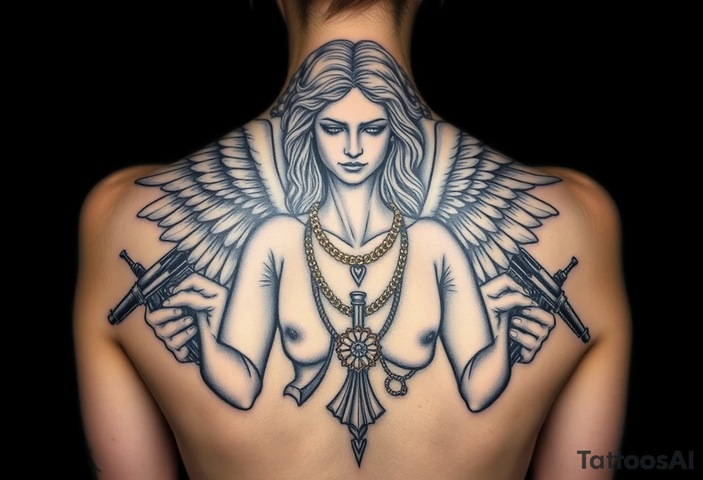 old angel statue in criminal style, tattooed and at the same time contemporary, weapons in hand, gangster-style gold necklaces tattoo idea