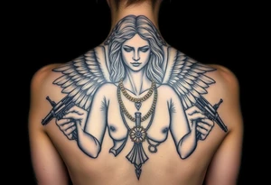 old angel statue in criminal style, tattooed and at the same time contemporary, weapons in hand, gangster-style gold necklaces tattoo idea