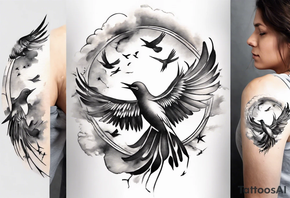 shoulder tattoo with light rays with birds flying free among the clouds, round shape, 3d effect tattoo idea