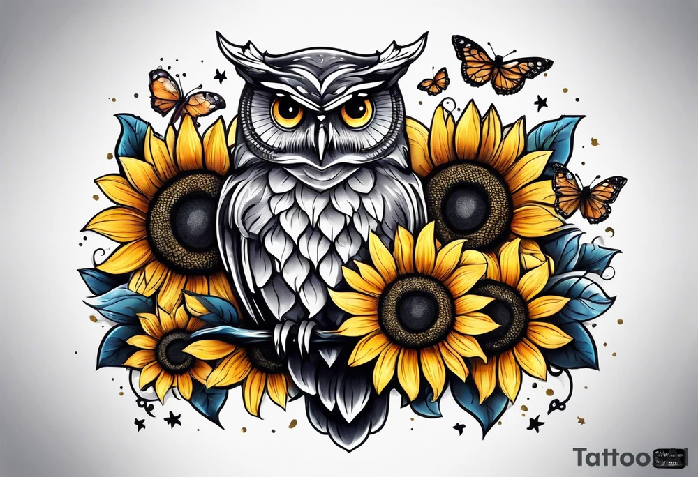 Small owl with sunflowers and butterflies arm sleeve tattoo idea
