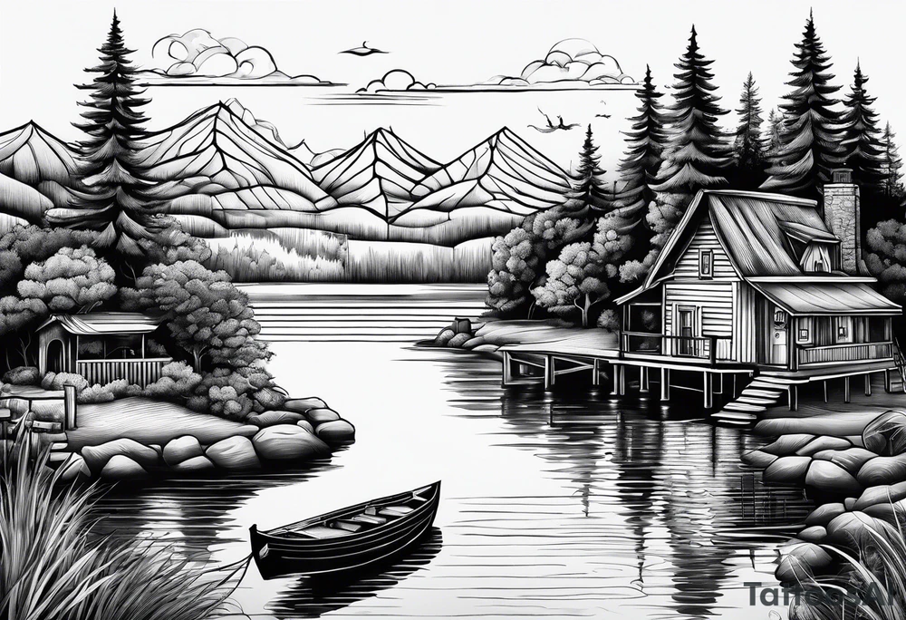Lake view with wharf tattoo idea