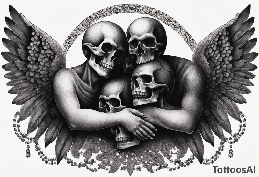 See no evil hear no evil speak no evil  skulls go down the back with angel wings wrapped around the skulls tattoo idea