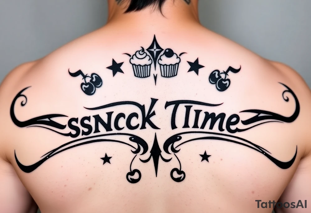 Pretty letters with lots of swooshes saying snack time with cupcakes, cherries and stars tattoo idea