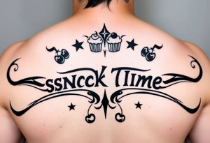 Pretty letters with lots of swooshes saying snack time with cupcakes, cherries and stars tattoo idea