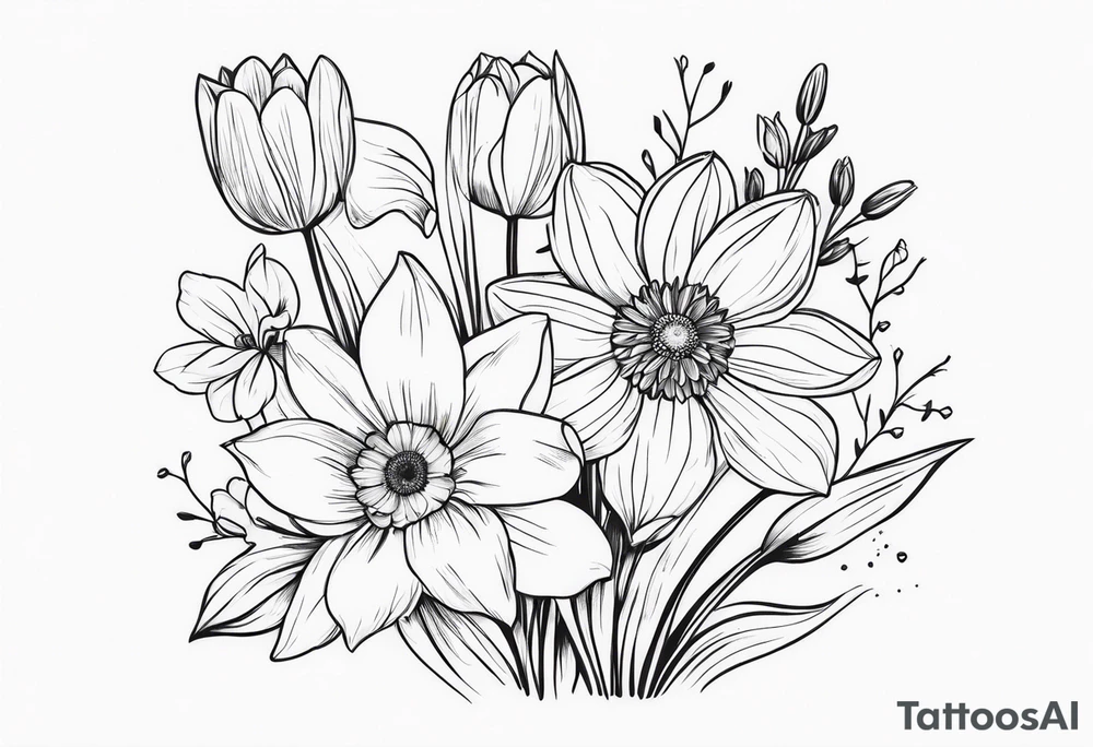 Small Bouquet of daffodils gerberas and tulips tattoo idea