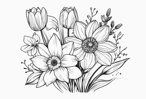 Small Bouquet of daffodils gerberas and tulips tattoo idea