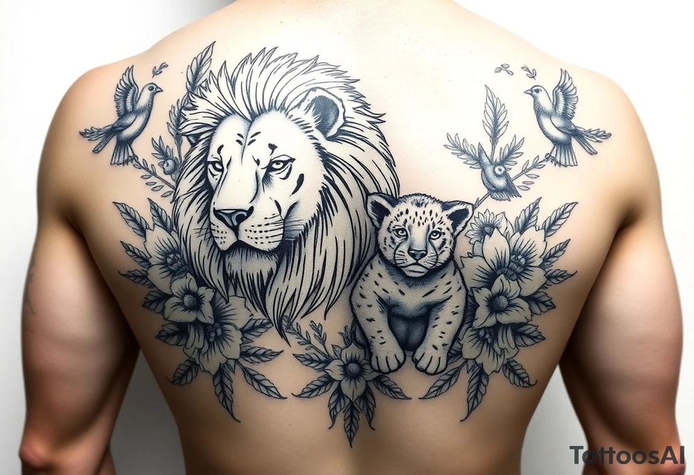 powerful majestic lion and cub, surrounded by floral ornaments and birds tattoo idea
