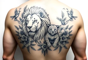 powerful majestic lion and cub, surrounded by floral ornaments and birds tattoo idea