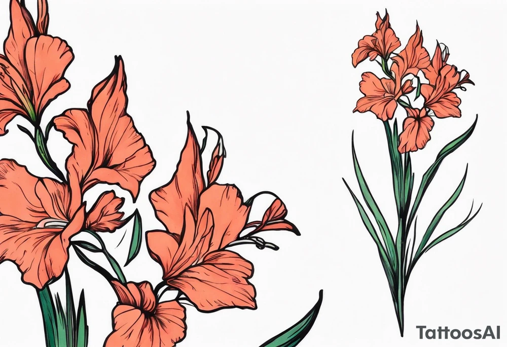 a thin narrow coral-colored gladiolus tattoo idea
