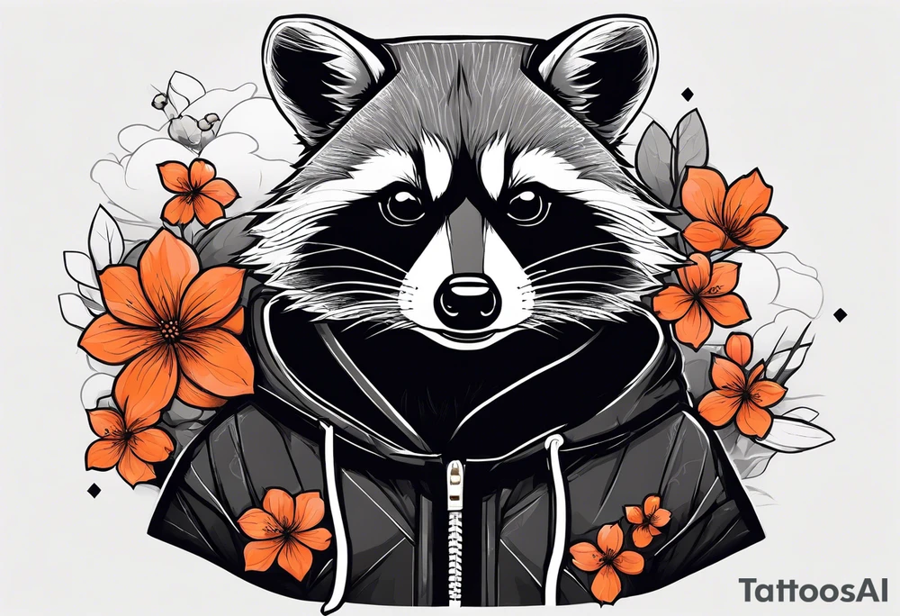 Raccoon wearing a white Superman logo on a black hoodie and orange Japanese cherry blossoms tattoo idea