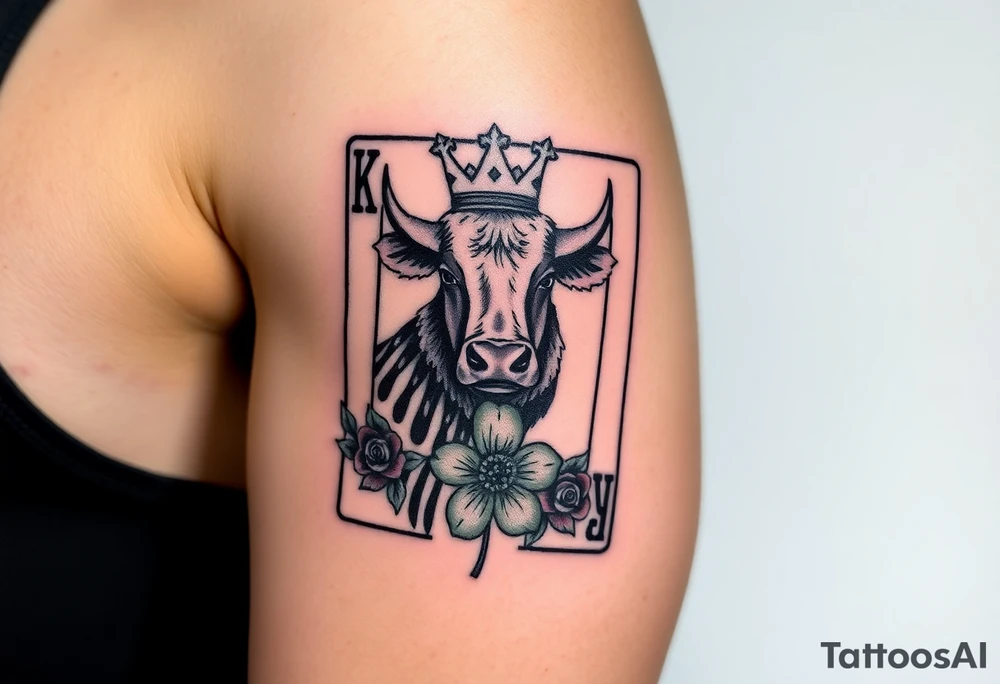A king play card with a small highland cow face on it and a small 4 leaf clover surrounded by roses tattoo idea