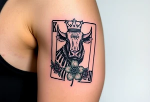A king play card with a small highland cow face on it and a small 4 leaf clover surrounded by roses tattoo idea