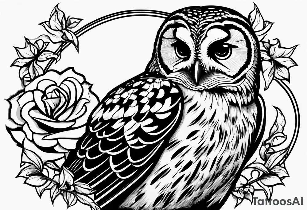 Barred owl with a single rose tattoo idea