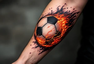 A hyper-realistic soccer ball on fire, shaded in deep reds, oranges, and black. tattoo idea