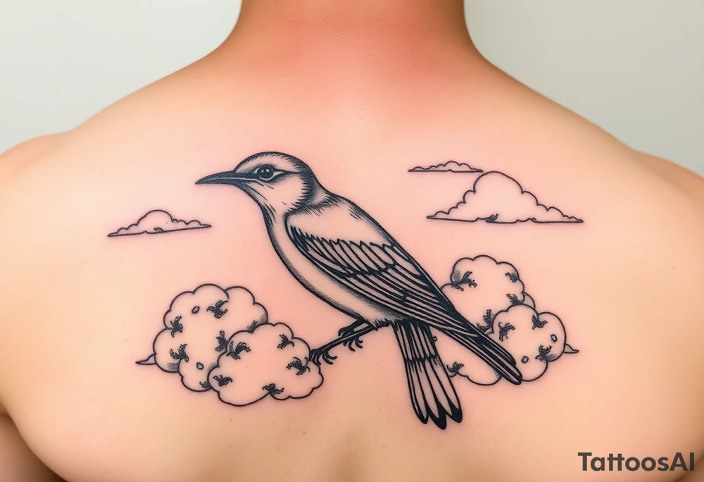 Kentucky bluebird with realistic clouds tattoo idea