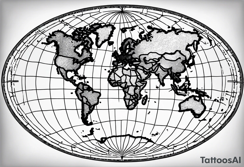 the earth on a flat map with no shading placed on a grid with only the lines with accurate depictions of the borders in countries while having it in an oval/circular position on a grid without any borders on the sides while having the countries not have such bold borders tattoo idea