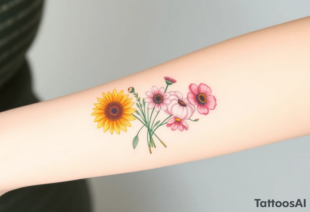 Small watercolour style bunch of wild flowers including lillium orientalis, sunflowers, poppies and peonies to be placed on forearm tattoo idea