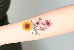 Small watercolour style bunch of wild flowers including lillium orientalis, sunflowers, poppies and peonies to be placed on forearm tattoo idea