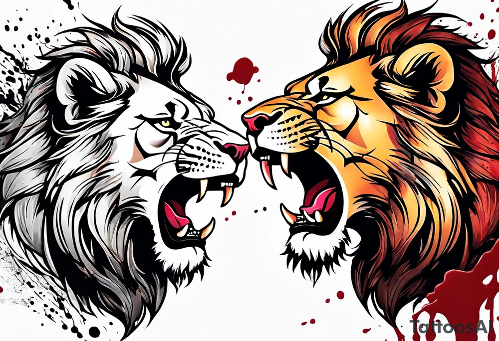 Two different colored lions fighting each other with blood tattoo idea