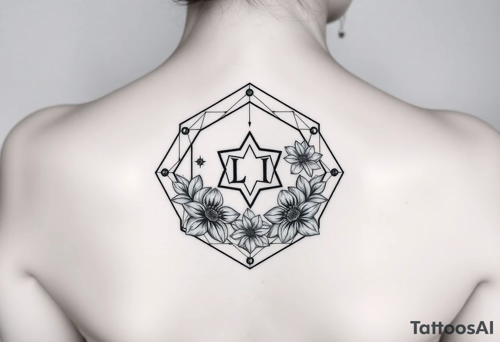 Hexagon with a constellation sign for Leo, larkspur and water lilies in the center tattoo idea