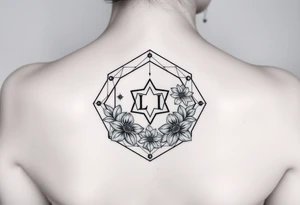 Hexagon with a constellation sign for Leo,  larkspur and water lilies in the center tattoo idea