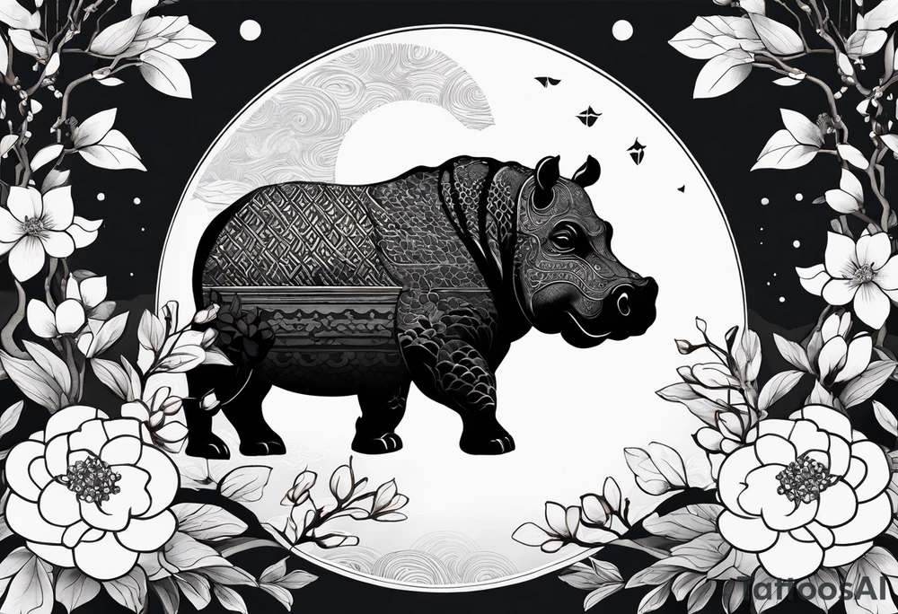 Asymmetrical, geometric, chinese ink art touch, hippo , full moon, wintersweet flower, light , modify from my favourite, s-shape tattoo idea