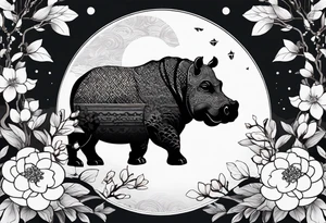 Asymmetrical, geometric, chinese ink art touch, hippo , full moon, wintersweet flower, light , modify from my favourite, s-shape tattoo idea