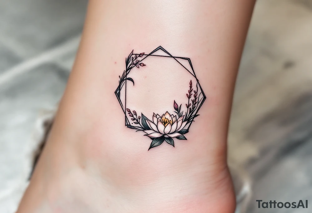 Leo symbol, larkspurs and water lily surrounded by a hexagon tattoo idea