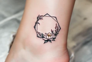 Leo symbol, larkspurs and water lily surrounded by a hexagon tattoo idea