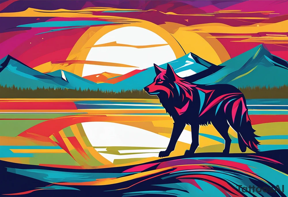 lone wolf traversing a landscape, with sharp lines and vibrant colors symbolizing life's challenges. The wolf's determined gaze reflects resilience and strength, while abstract elements around it represent obstacles overcome. The phrase "Conquer the Journey" in bold, contemporary lettering completes the design, capturing the essence of overcoming life's battles with modern flair. tattoo idea