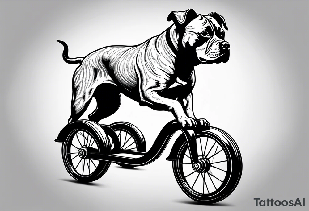Pittbull wearing a topcoat riding a tricycle tattoo idea