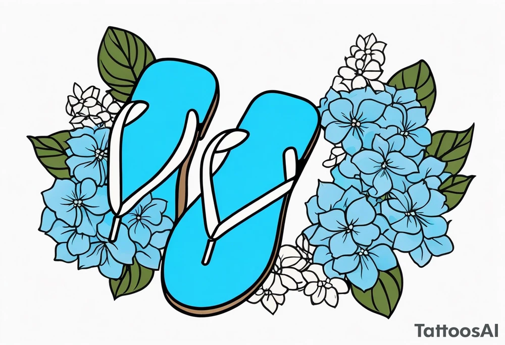 small tattoo of a light blue flip flop surrounded by blue hydrangea flowers tattoo idea