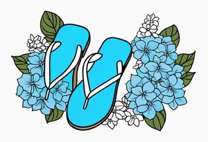 small tattoo of a light blue flip flop surrounded by blue hydrangea flowers tattoo idea