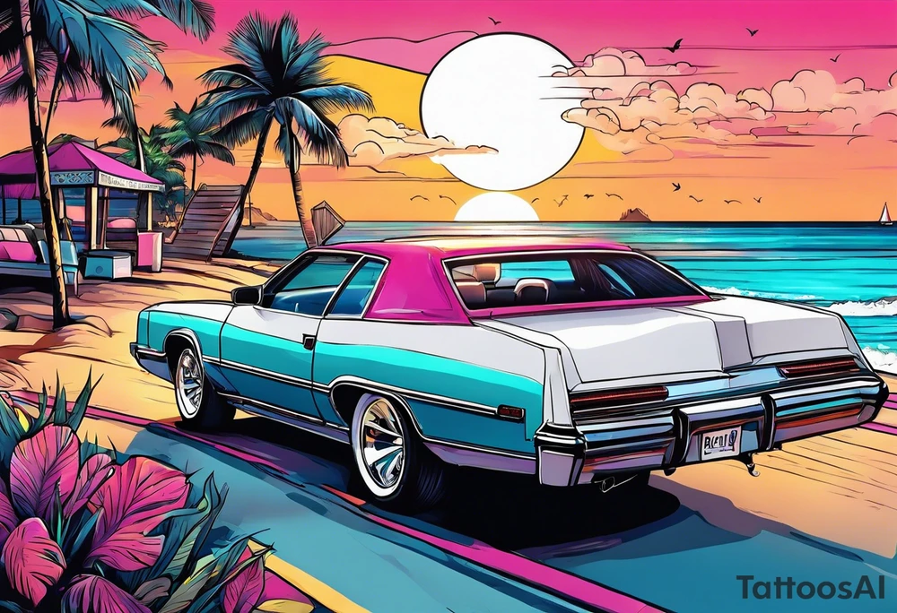 miami vice style beach party, no cars tattoo idea