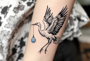A stork in flight with a blue or pink bundle symbolizes birth and a mother’s journey beginning. tattoo idea
