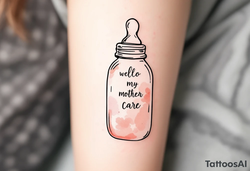 A baby bottle with pacifier outlined in soft pastel tones conveys the gentle and devoted care of early motherhood. tattoo idea