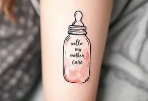 A baby bottle with pacifier outlined in soft pastel tones conveys the gentle and devoted care of early motherhood. tattoo idea