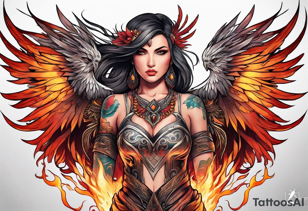 female phoenix scarred warrior with weapons burning tattoo idea