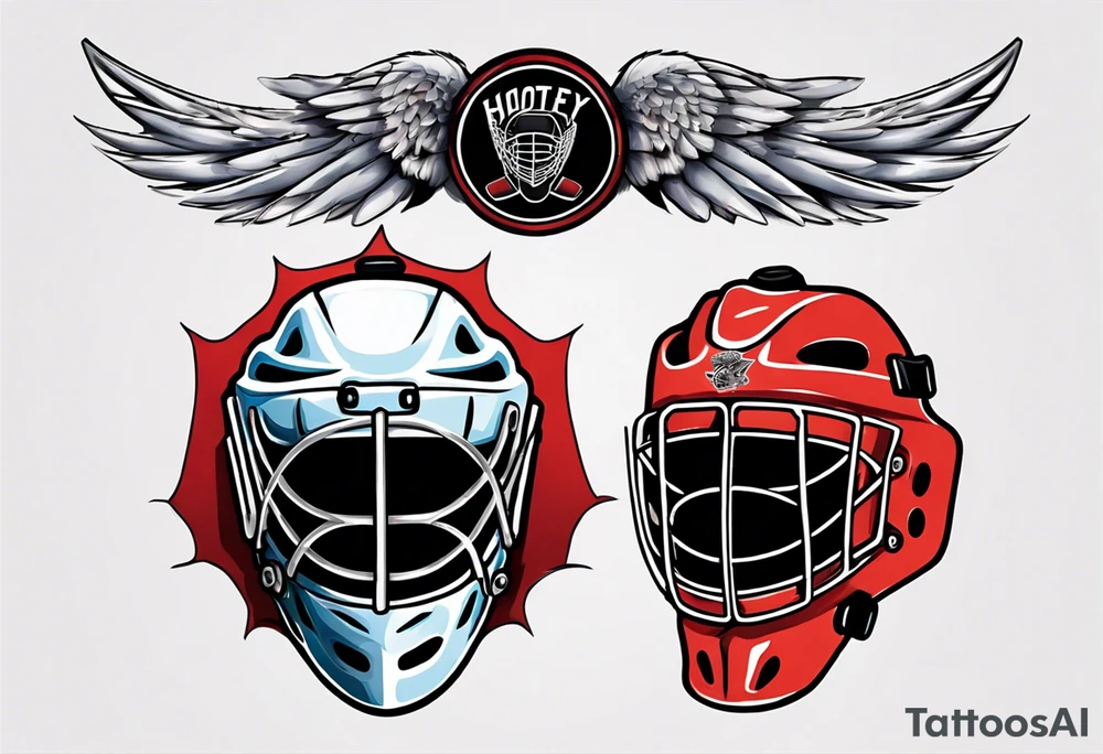 hockey puck with wings and a goalie mask that says "SHOT HOCKEY" tattoo idea