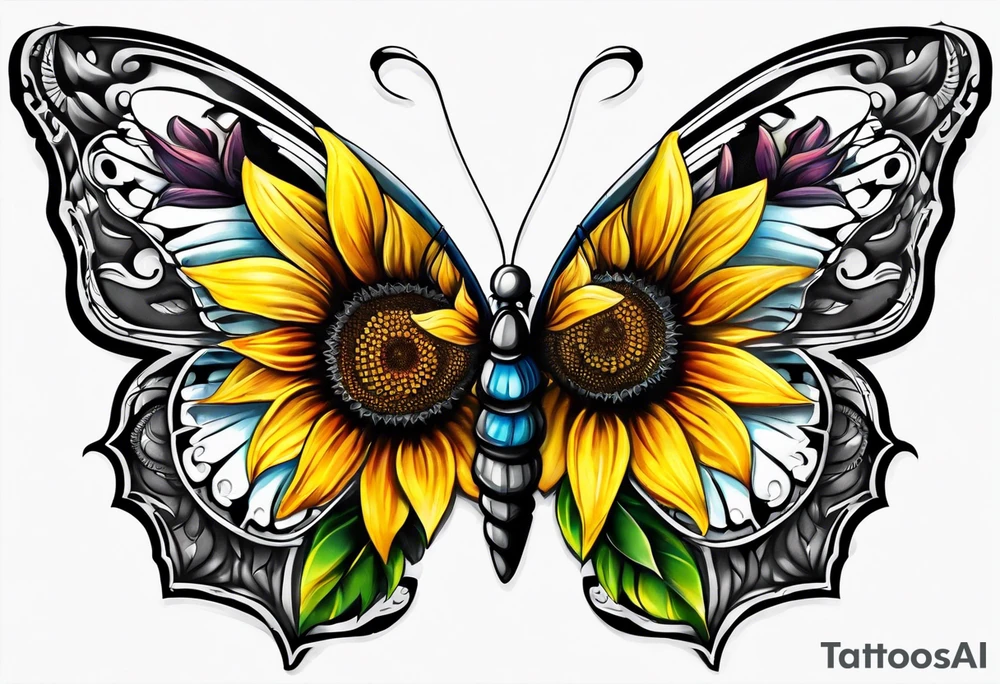 Half butterfly half sunflower tattoo idea