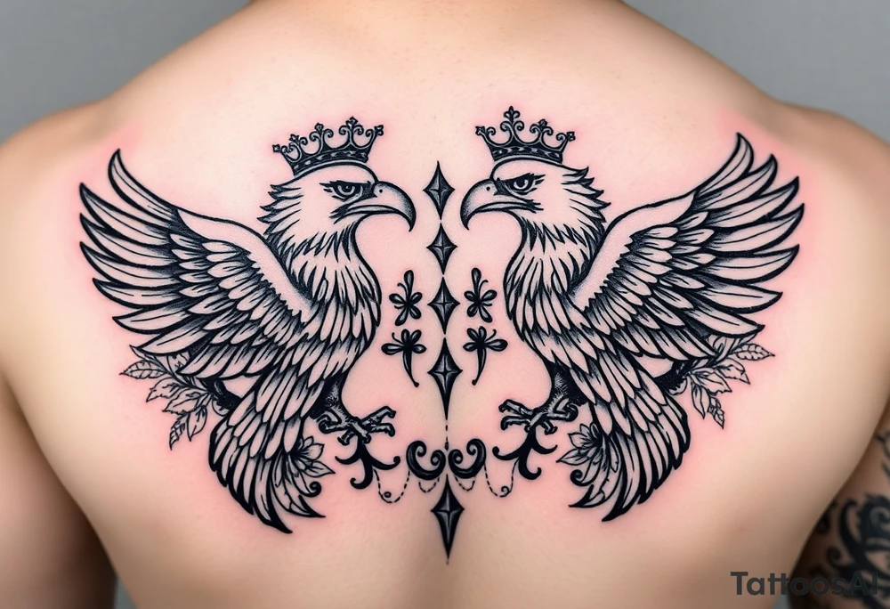 Chest tattoo,powerful two symetrical majestic eagles with a crowns, surrounded by floral ornaments and lure tattoo idea