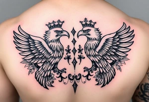 Chest tattoo,powerful two symetrical majestic eagles with a crowns, surrounded by floral ornaments and lure tattoo idea