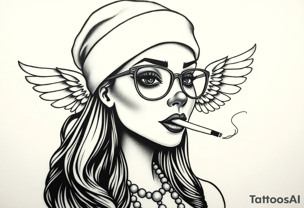 beautiful long hair pin up Clown face Girl payasa  thug beanie eyeglasses  angelic wings smoking a cigarette tattoo idea