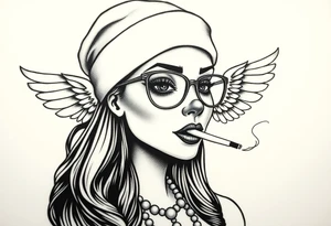 beautiful long hair pin up Clown face Girl payasa  thug beanie eyeglasses  angelic wings smoking a cigarette tattoo idea