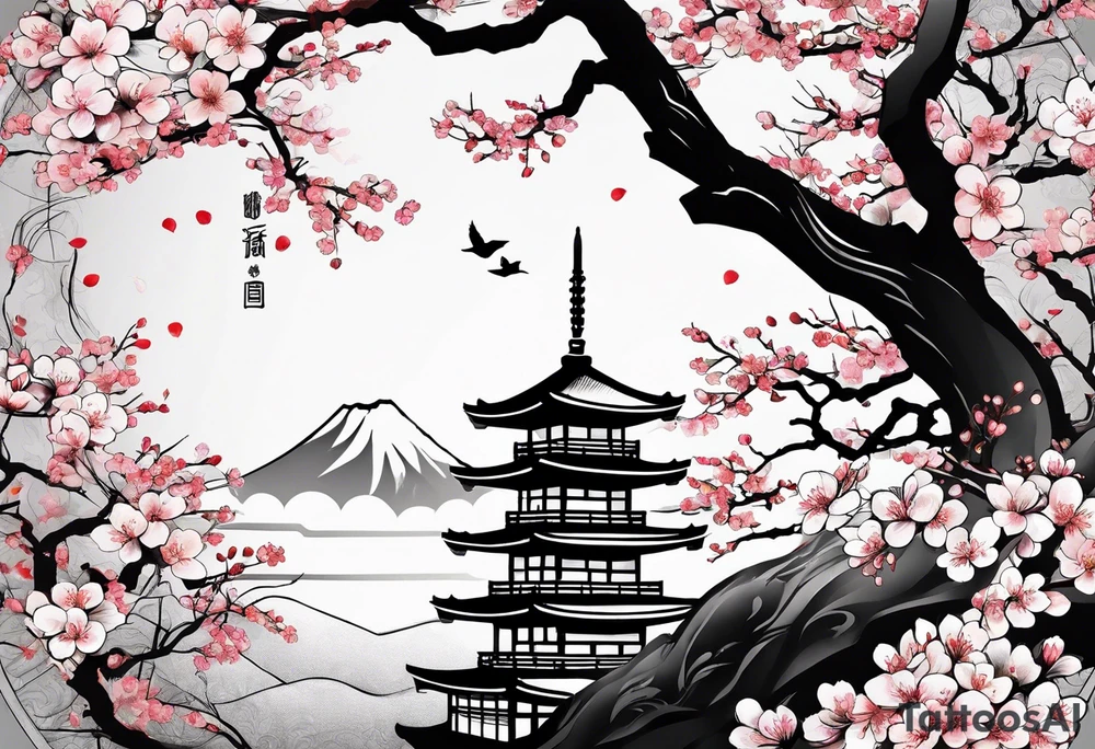 Kanji letter for shadow inside half circle with cherry blossoms tattoo idea