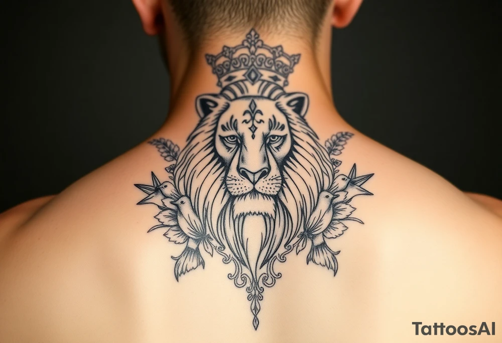 powerful majestic lion with a crown, surrounded by floral ornaments and birds tattoo idea