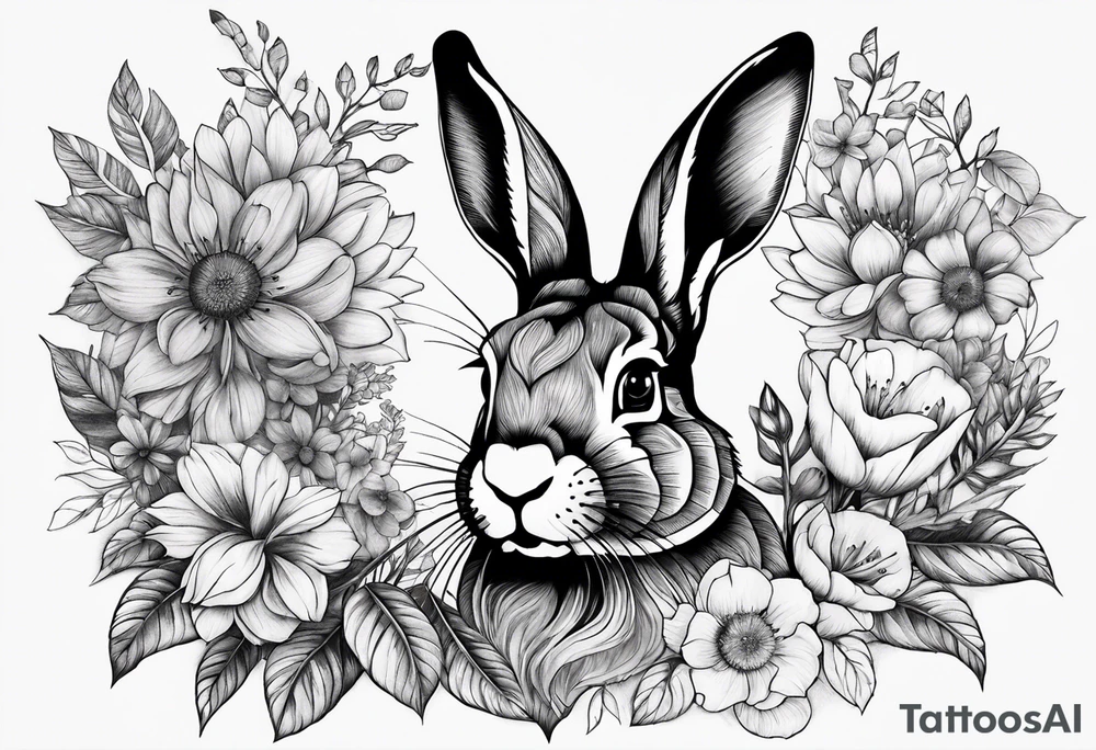 Realistic rabbit head in the middle of realistic flowers and leaves tattoo idea